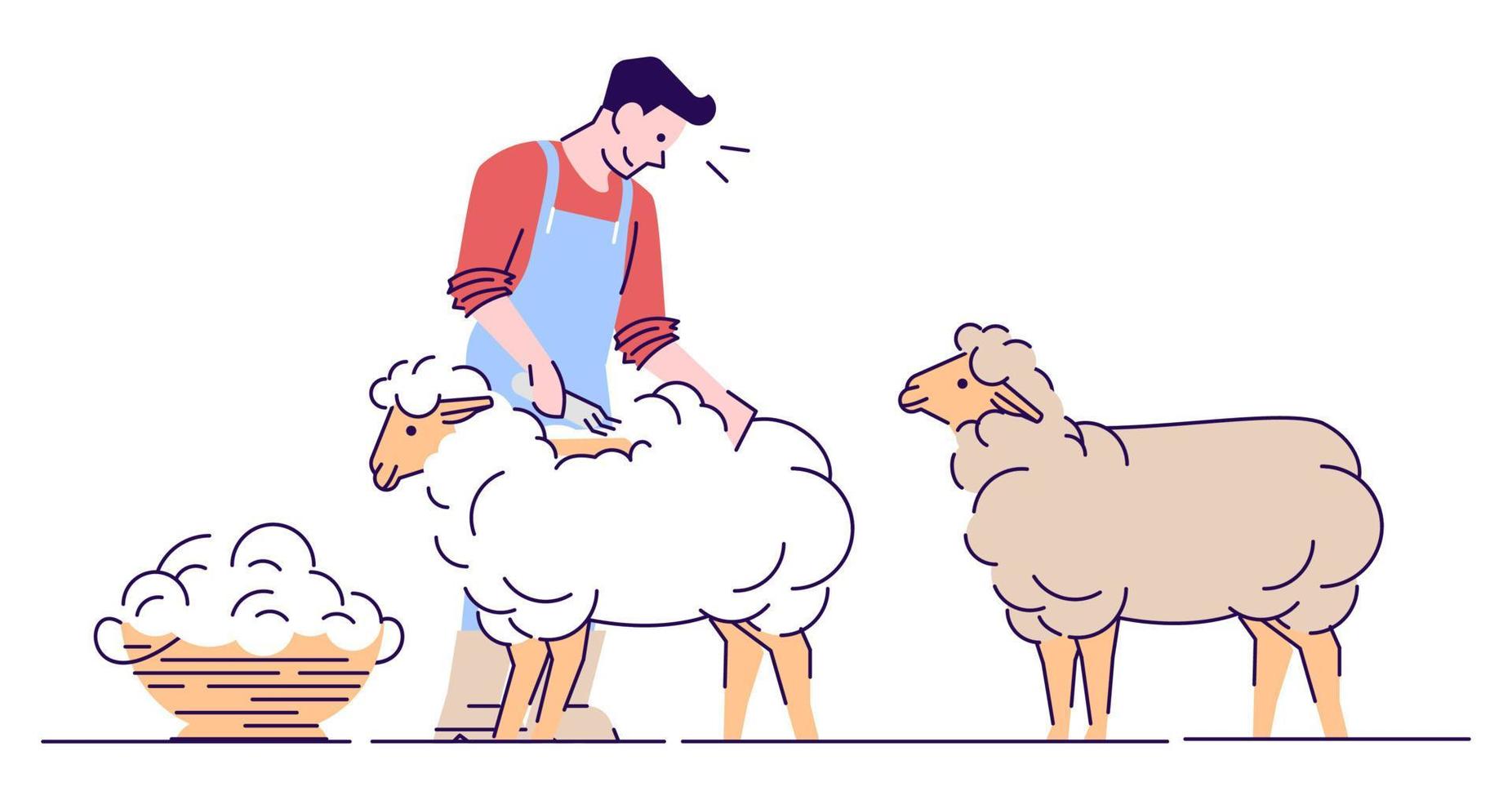 agricultor masculino esquilando ovejas de carácter vectorial plano. producción de lana. ganadería, cría de animales domésticos concepto de dibujos animados aislado con contorno. esquilador, trabajador agrícola cortando lana merino vector