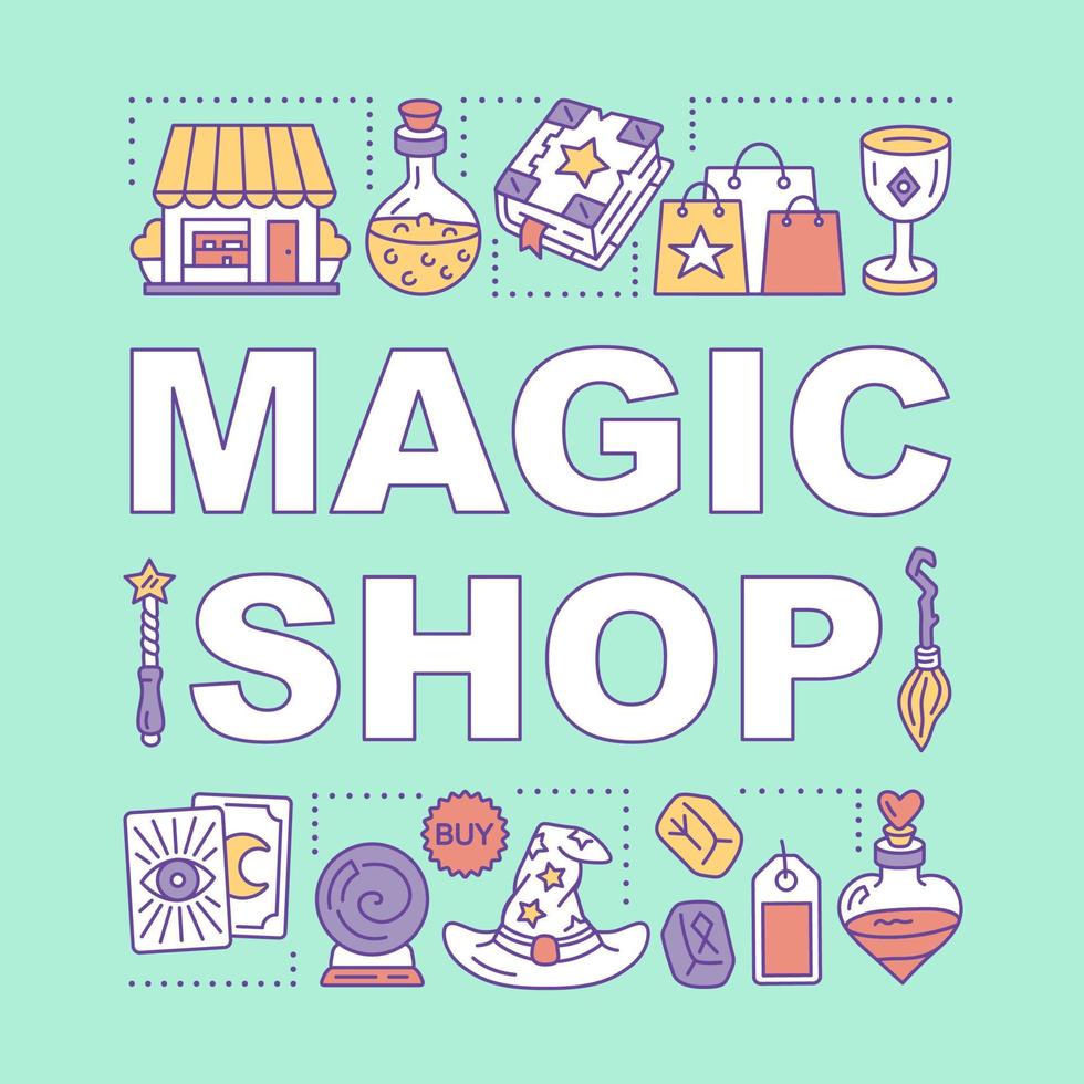 banner de conceptos de palabras de tienda mágica. tienda de brujas. presentación, sitio web. idea de tipografía de letras aisladas con iconos lineales. adivinación y brujería. ilustración de contorno vectorial vector