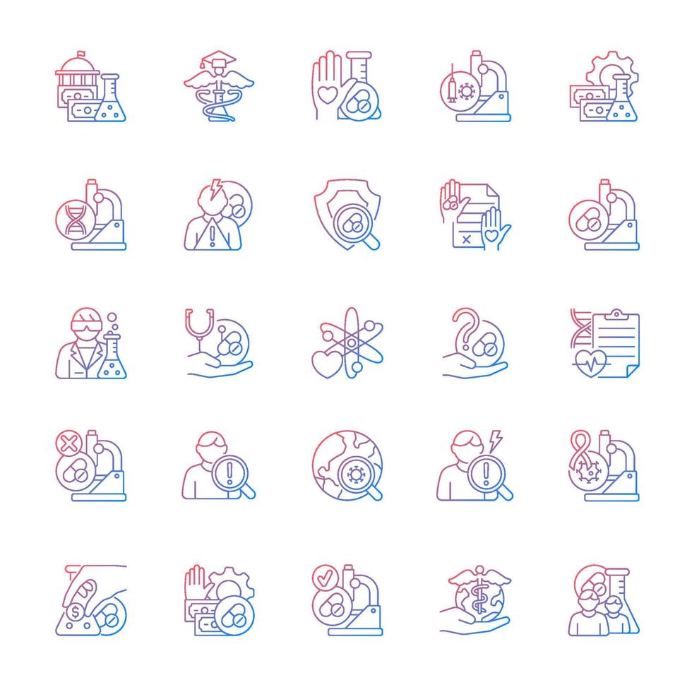Clinical trials gradient linear vector icons set. Experimental medicine research. Clinical scientist. New drugs testing. Thin line contour symbols bundle. Isolated outline illustrations collection