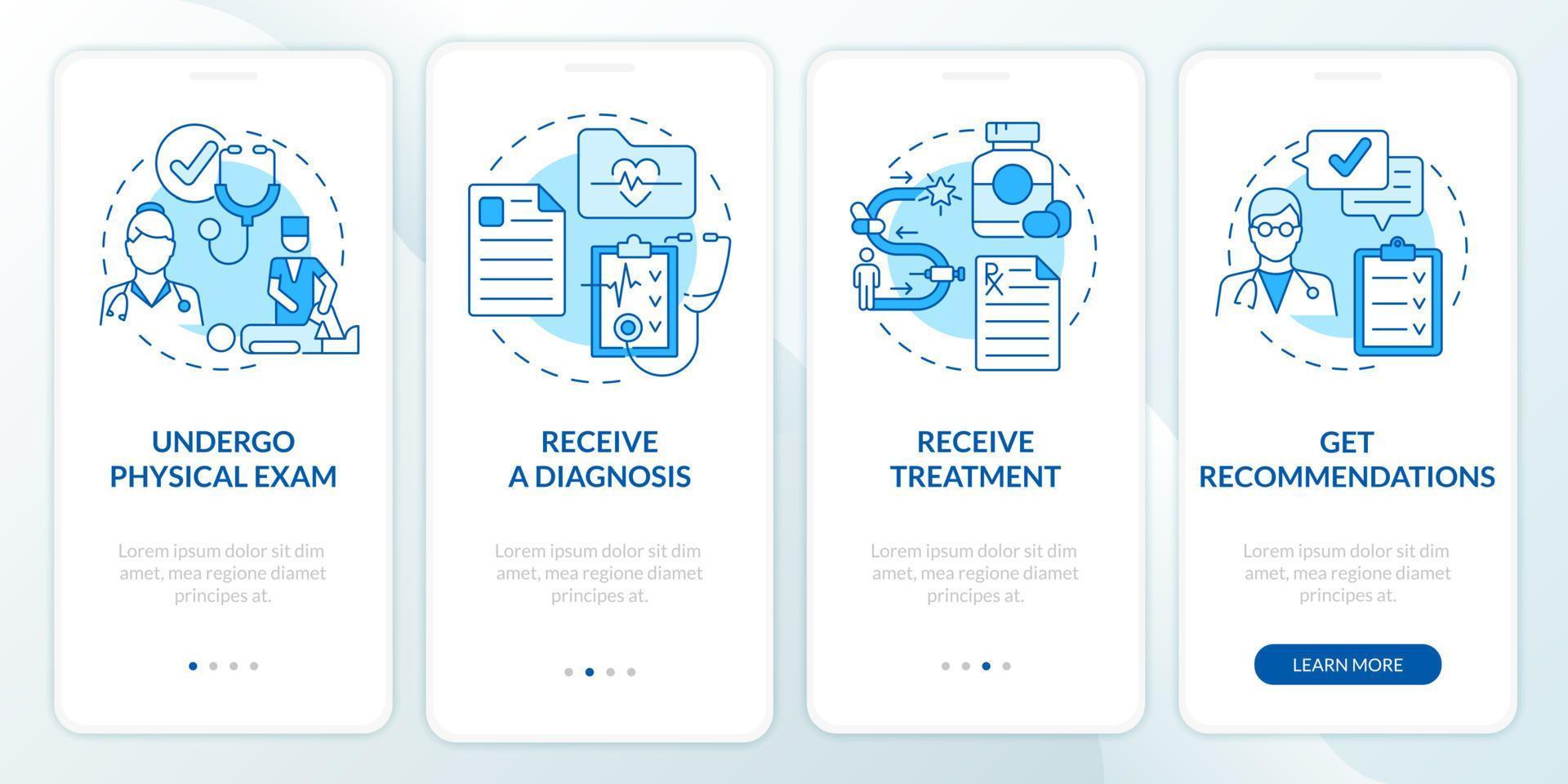 pt procesa la pantalla de la página de la aplicación móvil de incorporación azul. cuidado de la salud. Recorrido de fisioterapia 4 pasos instrucciones gráficas con conceptos. ui, ux, plantilla vectorial gui con ilustraciones en color lineal vector