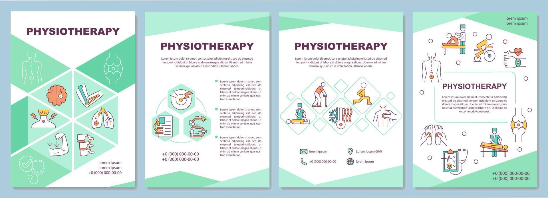 plantilla de folleto de fisioterapia. cuidado de la salud. folleto, folleto, impresión de folleto, diseño de portada con iconos lineales. diseños vectoriales para presentaciones, informes anuales, páginas de publicidad vector