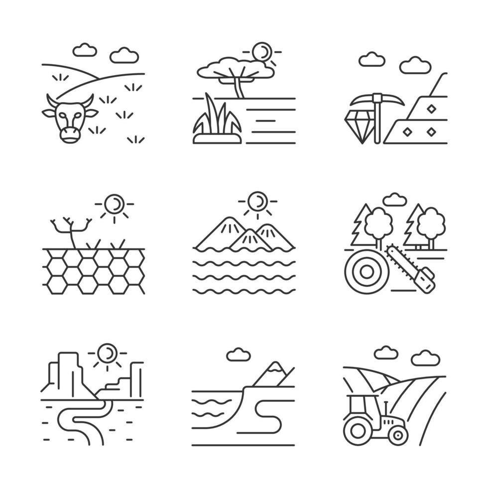 Industrial land linear icons set. Agriculture. Mineral mining. Timber industry. Working land areas. Customizable thin line contour symbols. Isolated vector outline illustrations. Editable stroke