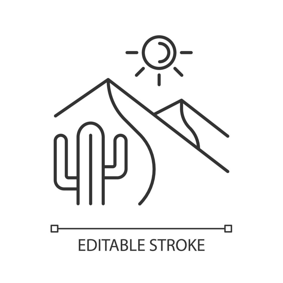 icono lineal del desierto caliente. Terreno arenoso de alta temperatura. amplia zona seca. región de baja precipitación. ilustración personalizable de línea delgada. símbolo de contorno dibujo de contorno aislado vectorial. trazo editable vector