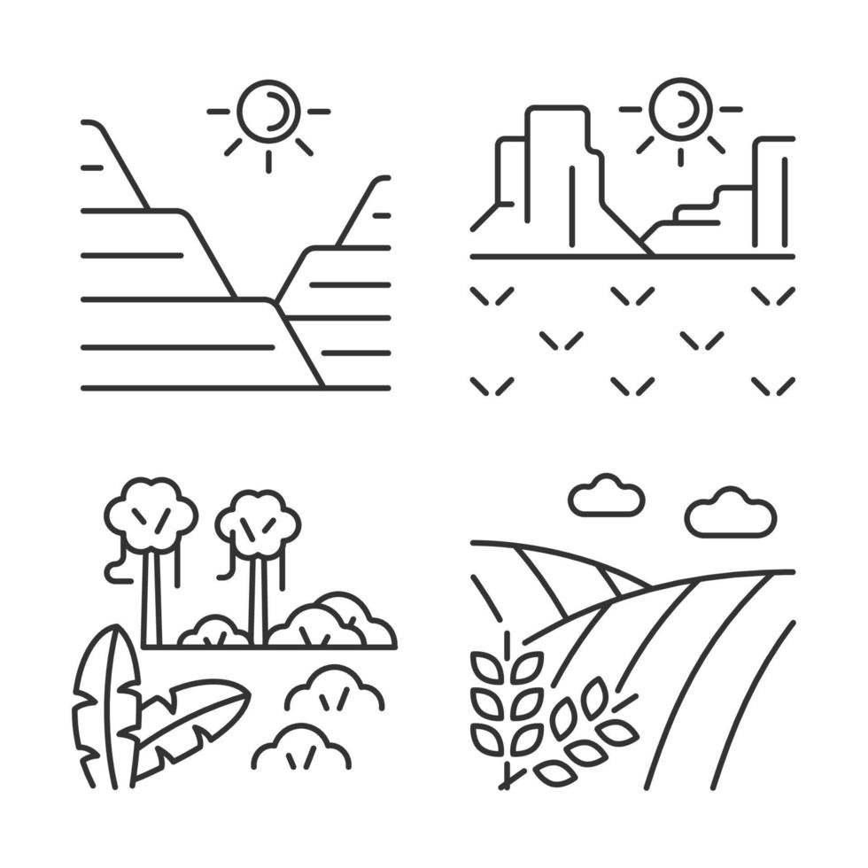 conjunto de iconos lineales de accidentes geográficos. formación de sedimentos y rocas. región de clima cálido. selva y selva tropical. símbolos de contorno de línea fina personalizables. ilustraciones aisladas de contorno vectorial. trazo editable vector