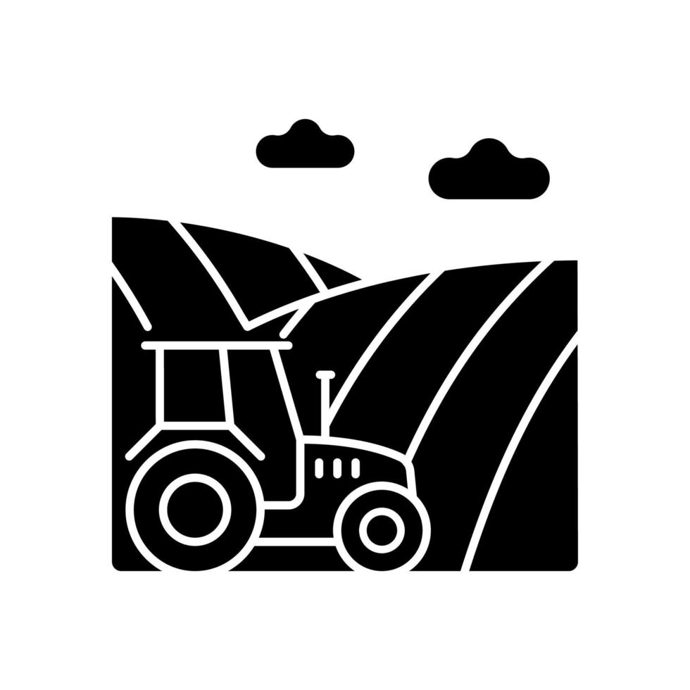 Arable land black glyph icon. Ploughed field. Cropland. Cultivated soil. Agricultural landform. Crops producing rotation system. Silhouette symbol on white space. Vector isolated illustration