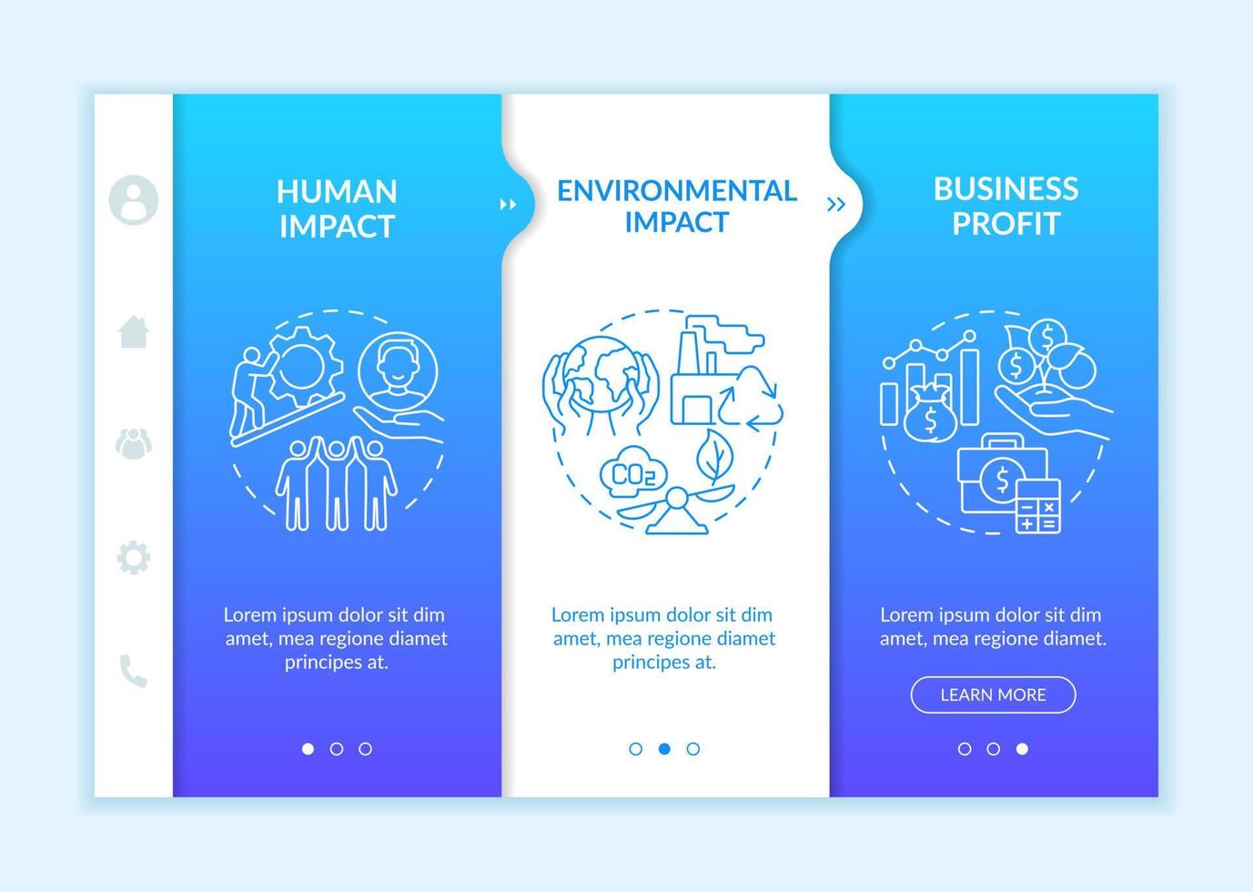 Social entrepreneurship success measurement onboarding vector template. Responsive mobile website with icons. Web page walkthrough 3 step screens. Color concept with linear illustrations