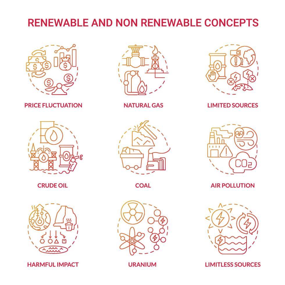 Renewable and non renewable energy red gradient icons set. Types of power resources idea thin line color illustrations. Isolated outline drawings. Roboto-Medium, Myriad Pro-Bold fonts used vector