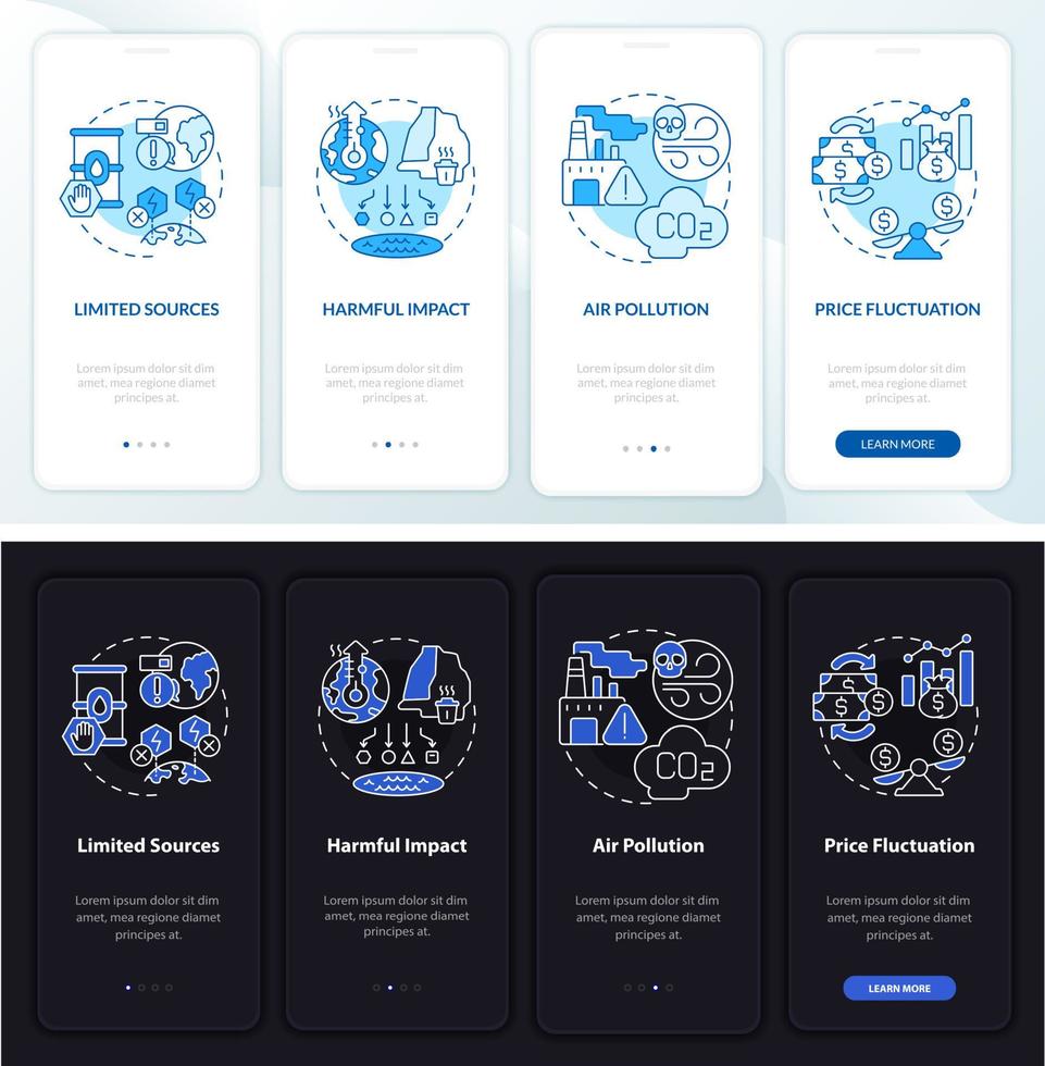 Nonrenewable energy issues onboarding mobile app page screen. Power walkthrough 4 steps graphic instructions with linear concepts. UI, UX, GUI template. Myriad Pro-Bold, Regular fonts used vector