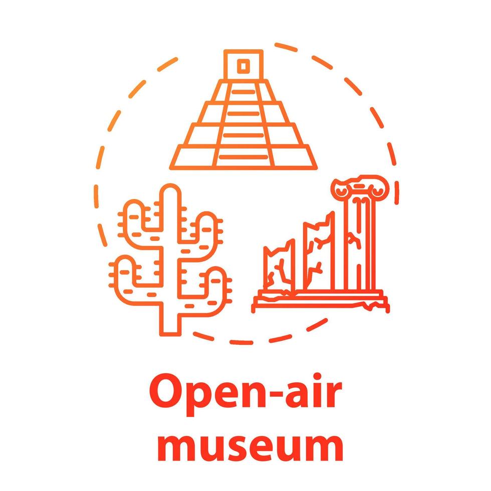 Open-air museum concept icon. Historical architecture exhibition. Temple ruins and colonnade. Folk building. Archeological exposition idea thin line illustration. Vector isolated outline drawing