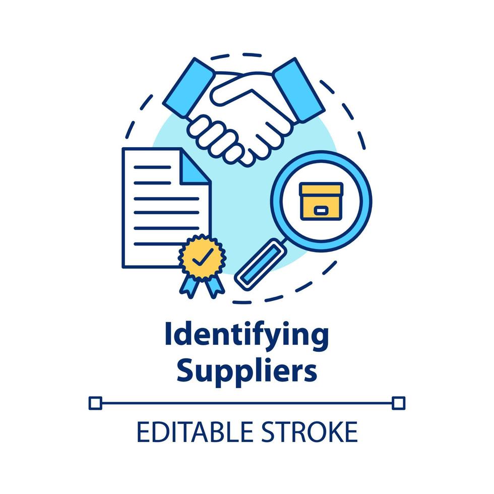 Identifying supplies concept icon. Trade agreement. Make deal. Partnership. Contract for delivery raw materials and goods idea thin line illustration. Vector isolated outline drawing. Editable stroke