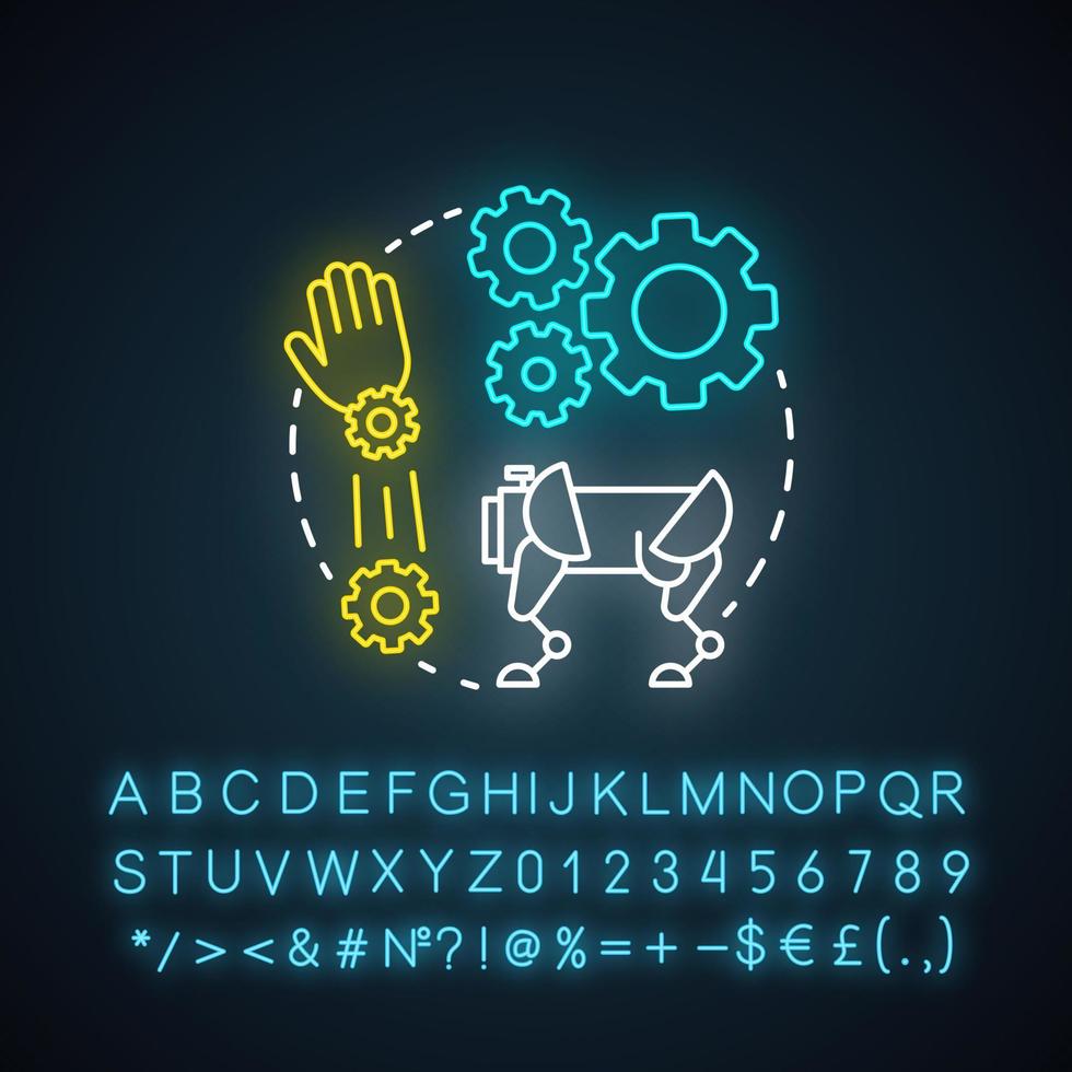 Robotics motion system neon light concept icon. Robot software idea. Information technologies and innovative programming. Glowing sign with alphabet, numbers and symbols. Vector isolated illustration