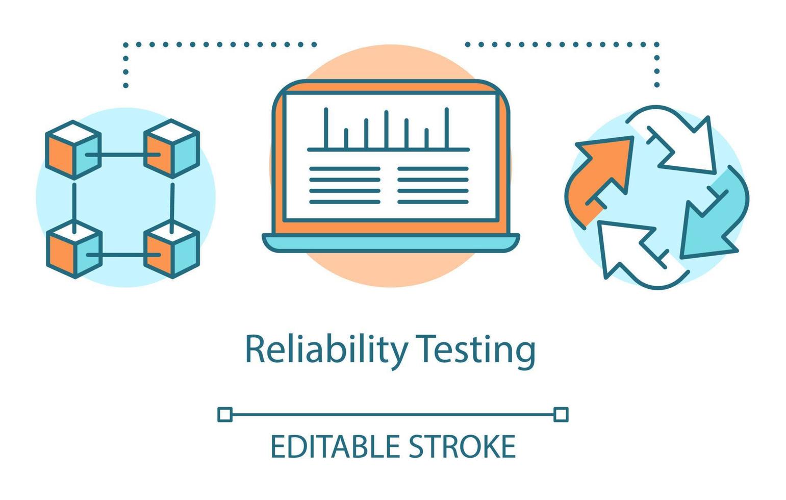 Reliability testing concept icon. Examine computer performance idea thin line illustration. Software testing process. Indicating issues and problems. Vector isolated outline drawing. Editable stroke