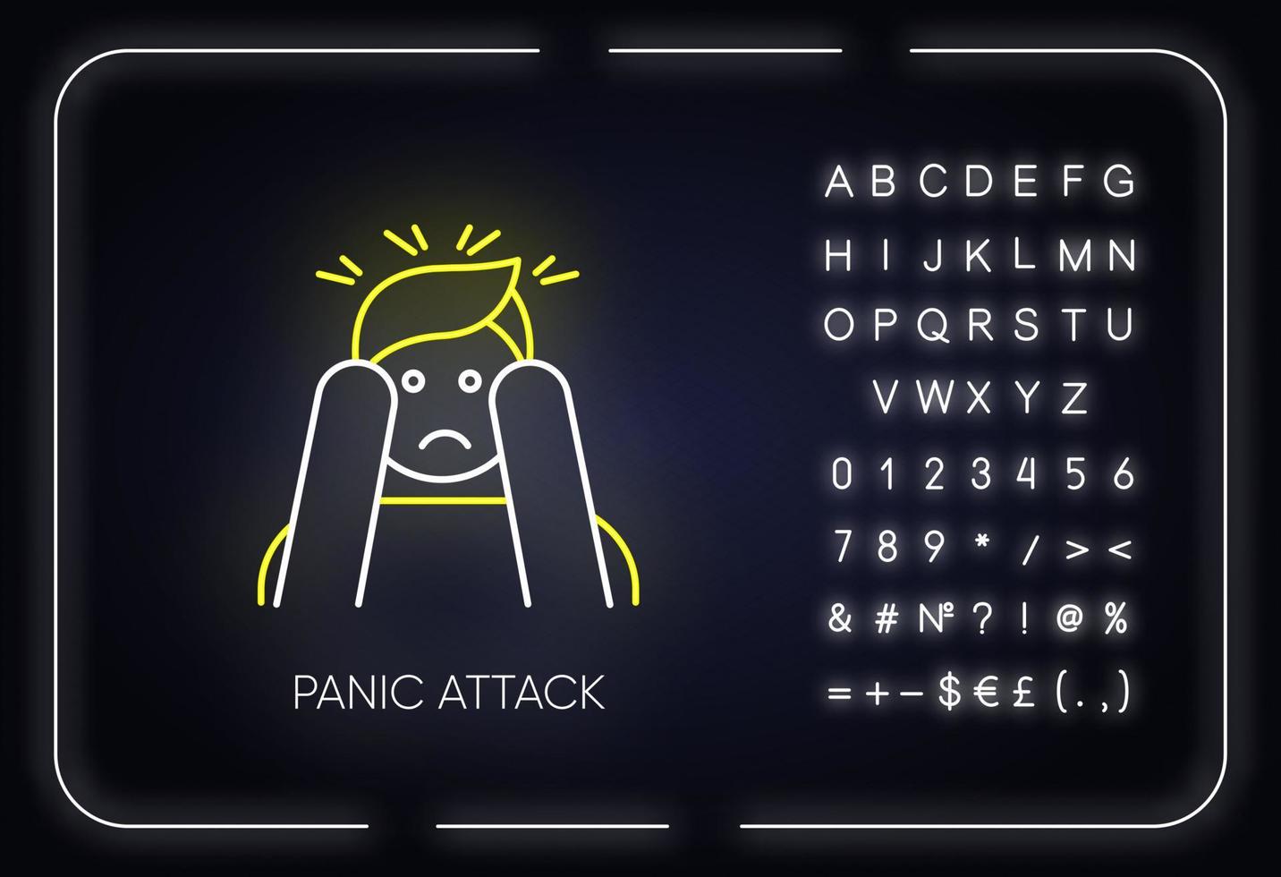 icono de luz de neón de ataque de pánico. ansiedad y depresión. paranoia y fobia. trastorno mental. problema psicologico signo brillante con alfabeto, números y símbolos. ilustración vectorial aislada vector