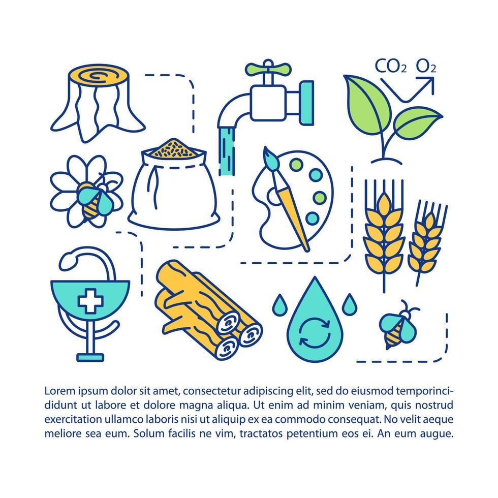 Ecosystem services article page vector template. Water resources. Brochure, magazine, booklet design element with linear icons and text boxes. Print design. Concept illustrations with text space