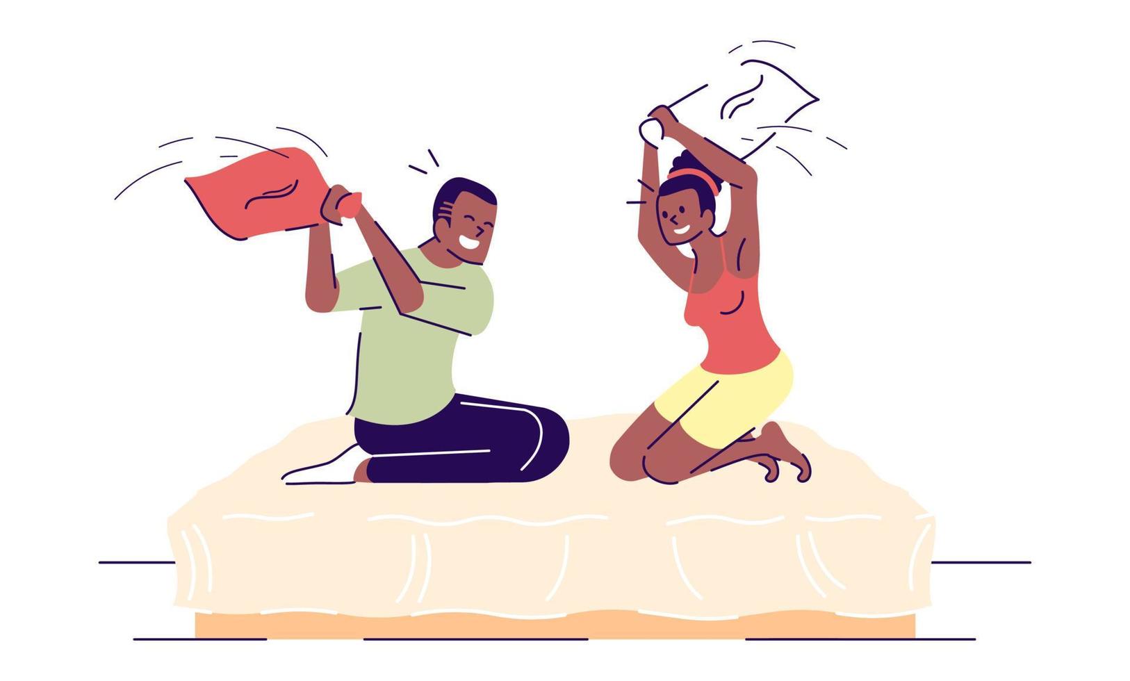 Romantic pillow fighting flat vector illustration. Boyfriend and girlfriend playing childhood game with pillows, lovers flirting isolated cartoon characters with outline elements on white background