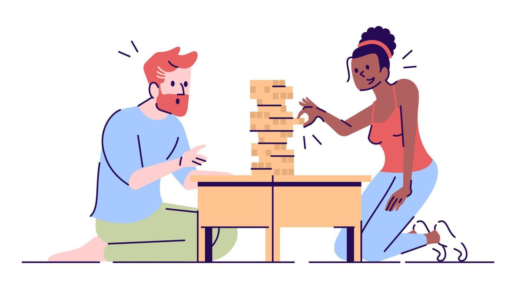 Couple playing jenga flat vector illustration. Family relax. Bearded man focused on tower construction. Girl pulling wooden block isolated cartoon characters with outline elements on white background