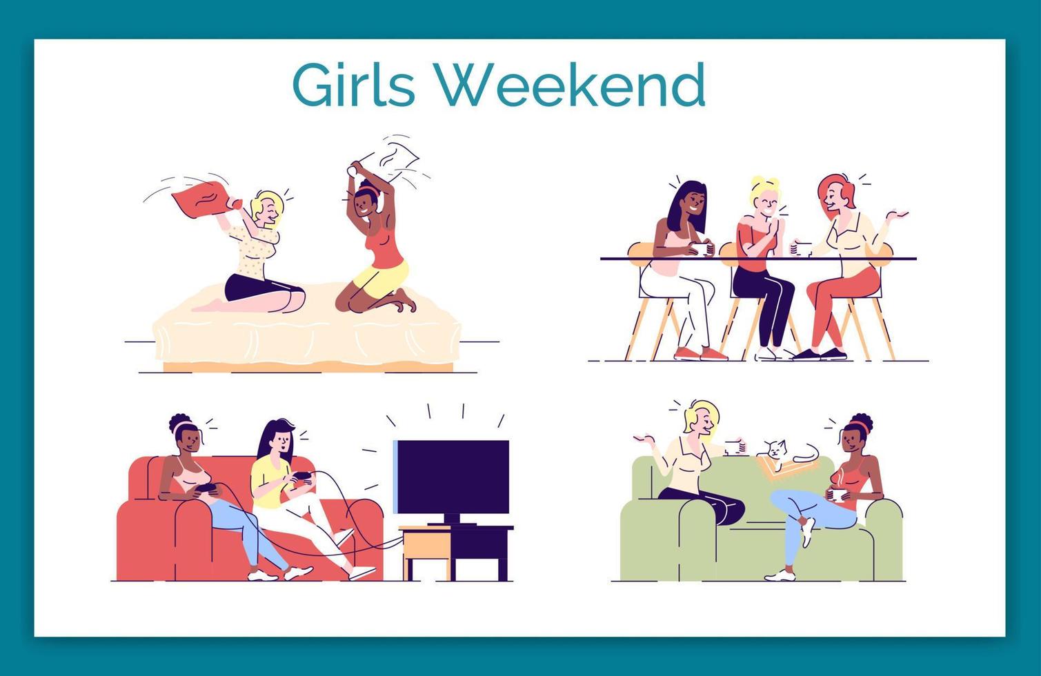 Girls weekend flat vector concept illustration. Ladies chatting, gossiping in cafe with coffee. Roommates playing videogame, pillow fighting isolated cartoon design elements set on white background