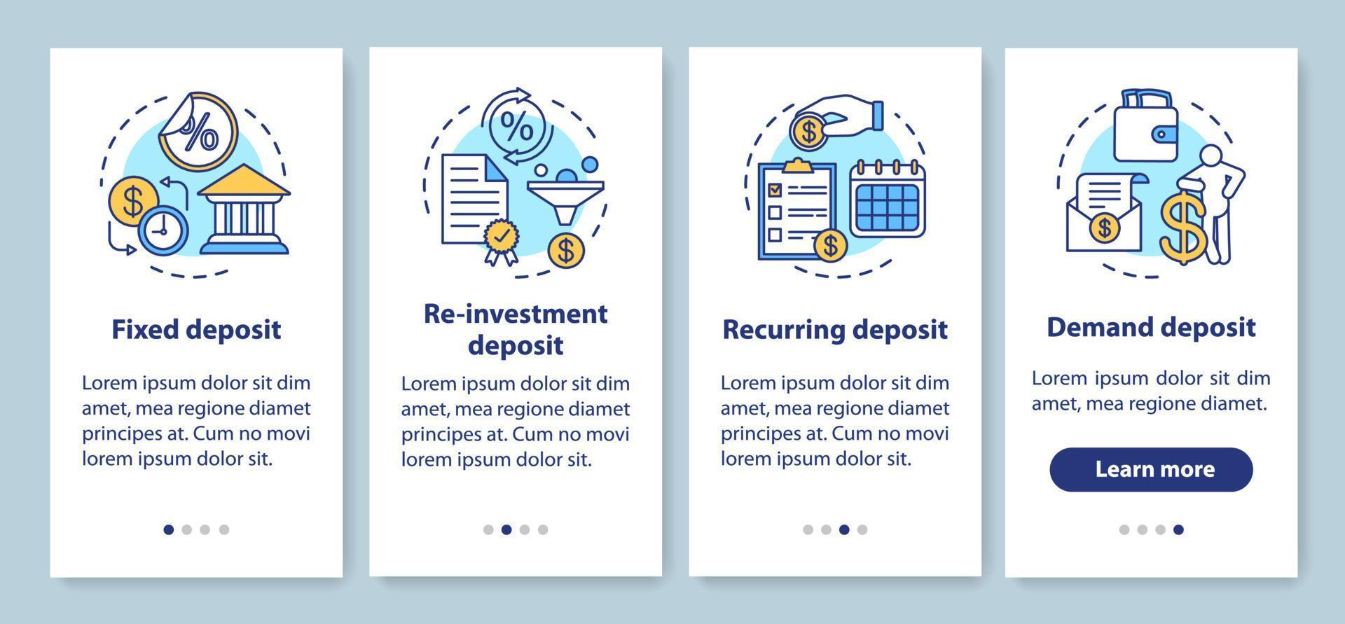 Savings, deposit investment onboarding mobile app page screen with linear concepts. Different deposit types. Four walkthrough steps graphic instructions. UX, UI, GUI vector template with illustrations
