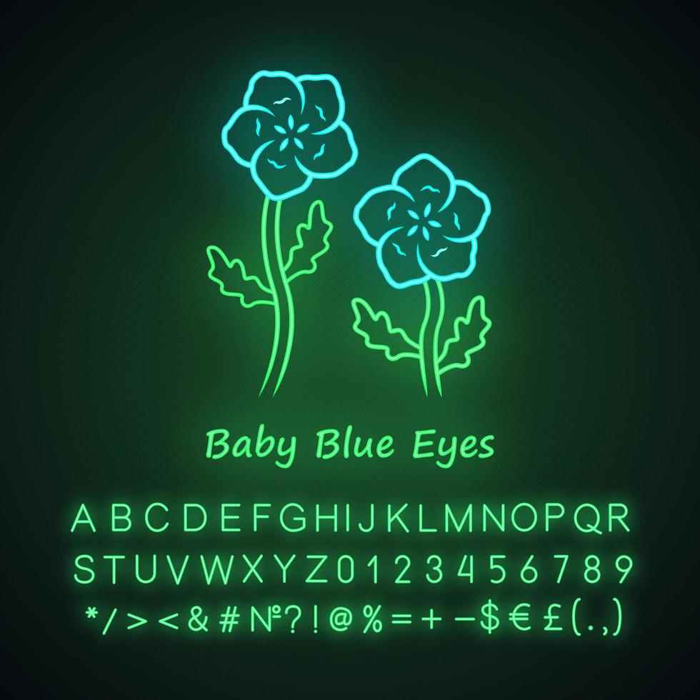 Baby blue eyes neon light icon. Linen blooming flower with name . Nemophila menziesii garden plant. Blue flax. Wildflower blossom. Glowing sign with alphabet, numbers. Vector isolated illustration