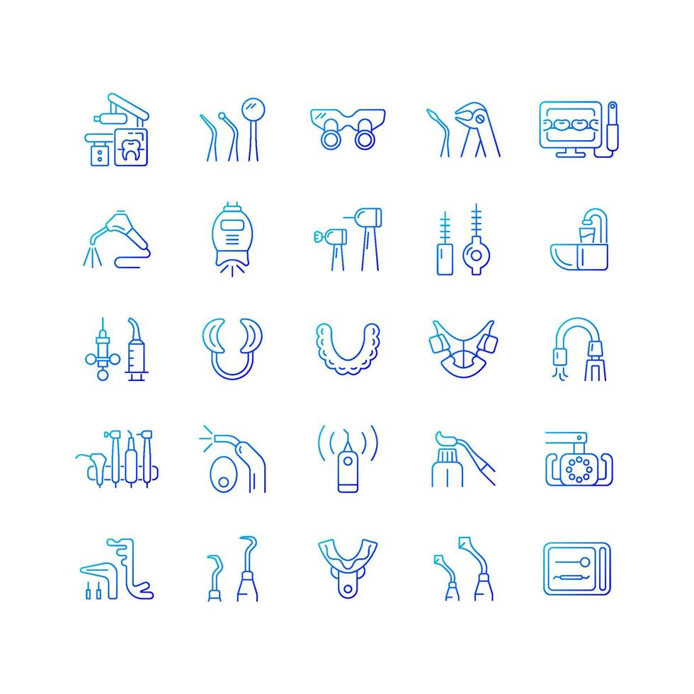 Dentistry tools and materials gradient linear vector icons set. Dental procedures. Tooth repairing, treatment. Thin line contour symbols bundle. Isolated outline illustrations collection