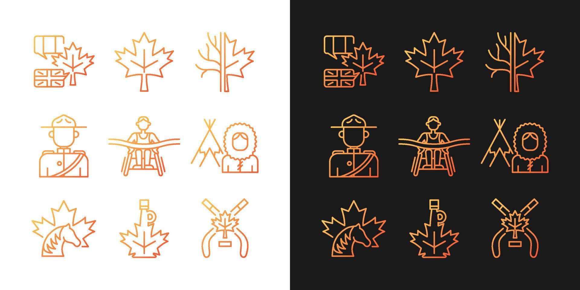 Canadian representation gradient icons set for dark and light mode. Official country symbols. Thin line contour symbols bundle. Isolated vector outline illustrations collection on black and white