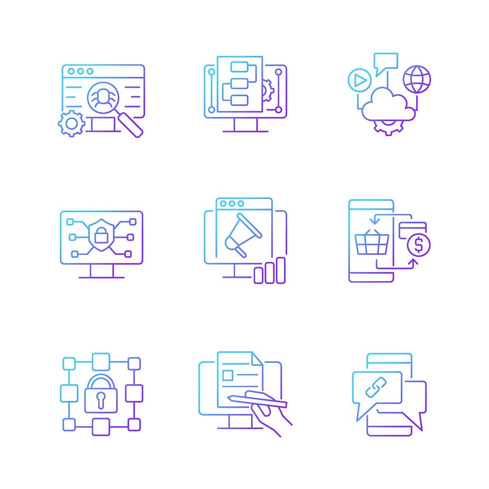 Digital proficiency gradient linear vector icons set. Identify risks. Internet safety. Cloud solutions. Promotion strategy. Thin line contour symbols bundle. Isolated outline illustrations collection