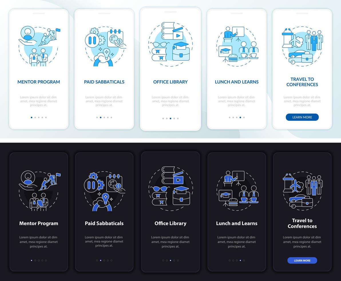 Staff development perks onboarding mobile app page screen. Walkthrough 5 steps graphic instructions with linear concepts. UI, UX, GUI template. Night and day mode. Myriad Pro-Bold, Regular fonts used vector