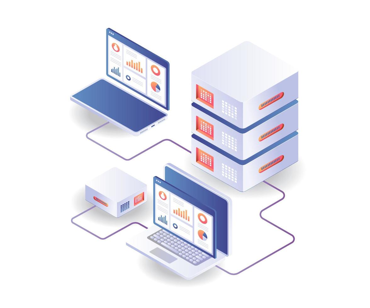 Analyze server data with computers and smartphones vector