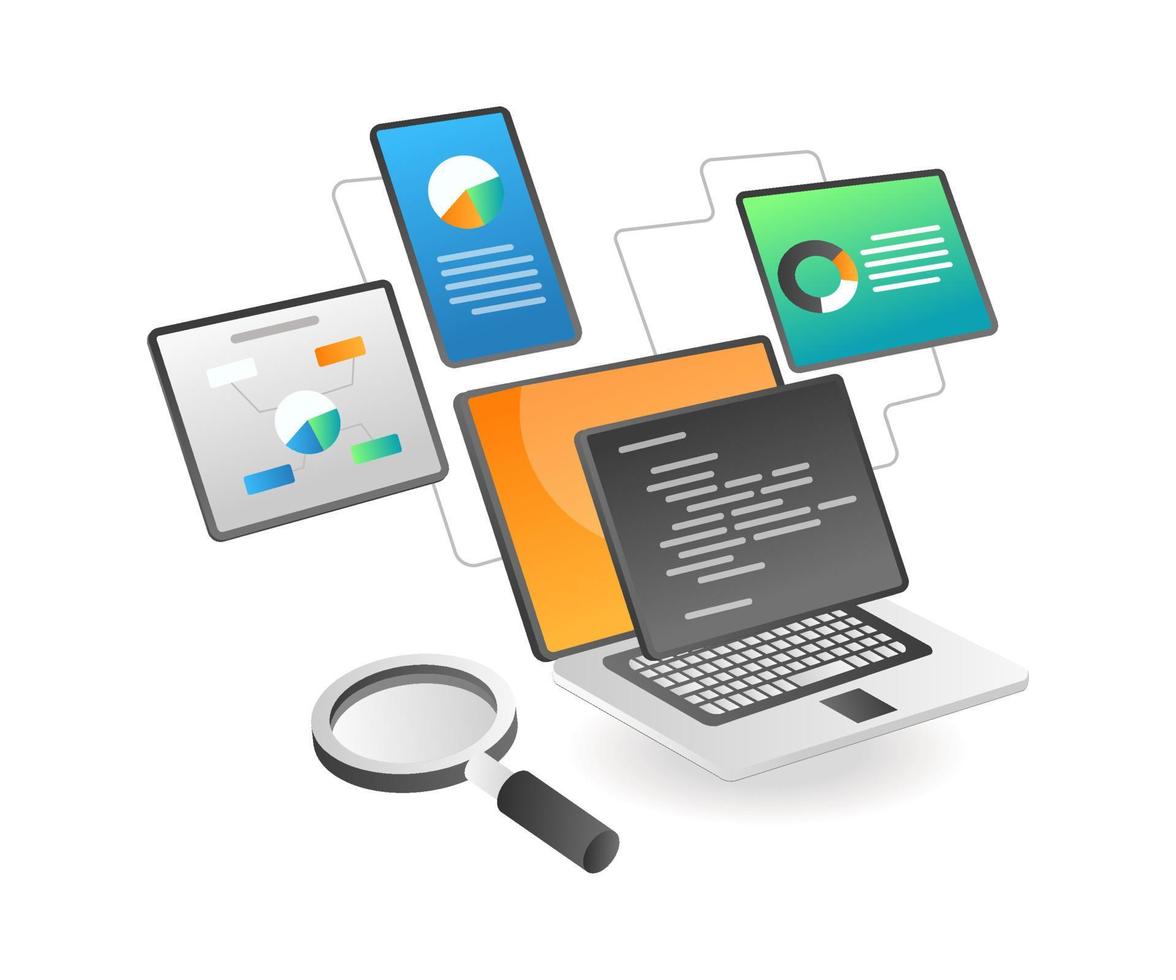 Isometric illustration concept. Network data analysis tools vector