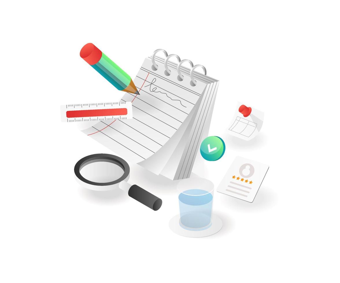 Isometric illustration concept. Creative writing notes vector