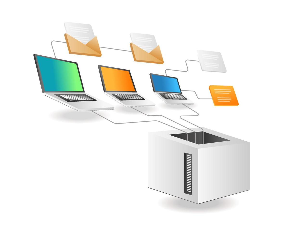 Isometric illustration concept. Computer network data transfer to server vector