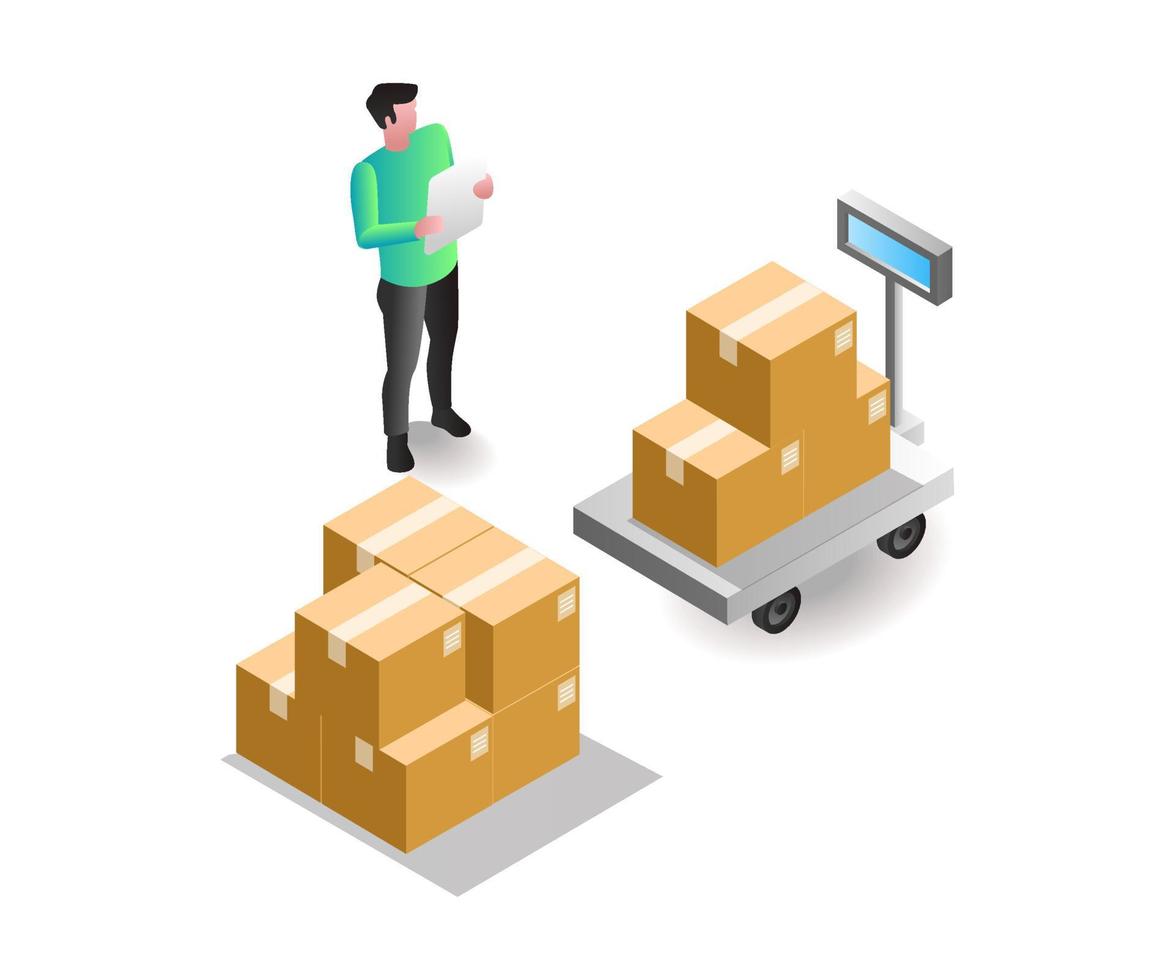 Isometric illustration concept. Man weighing goods in warehouse vector