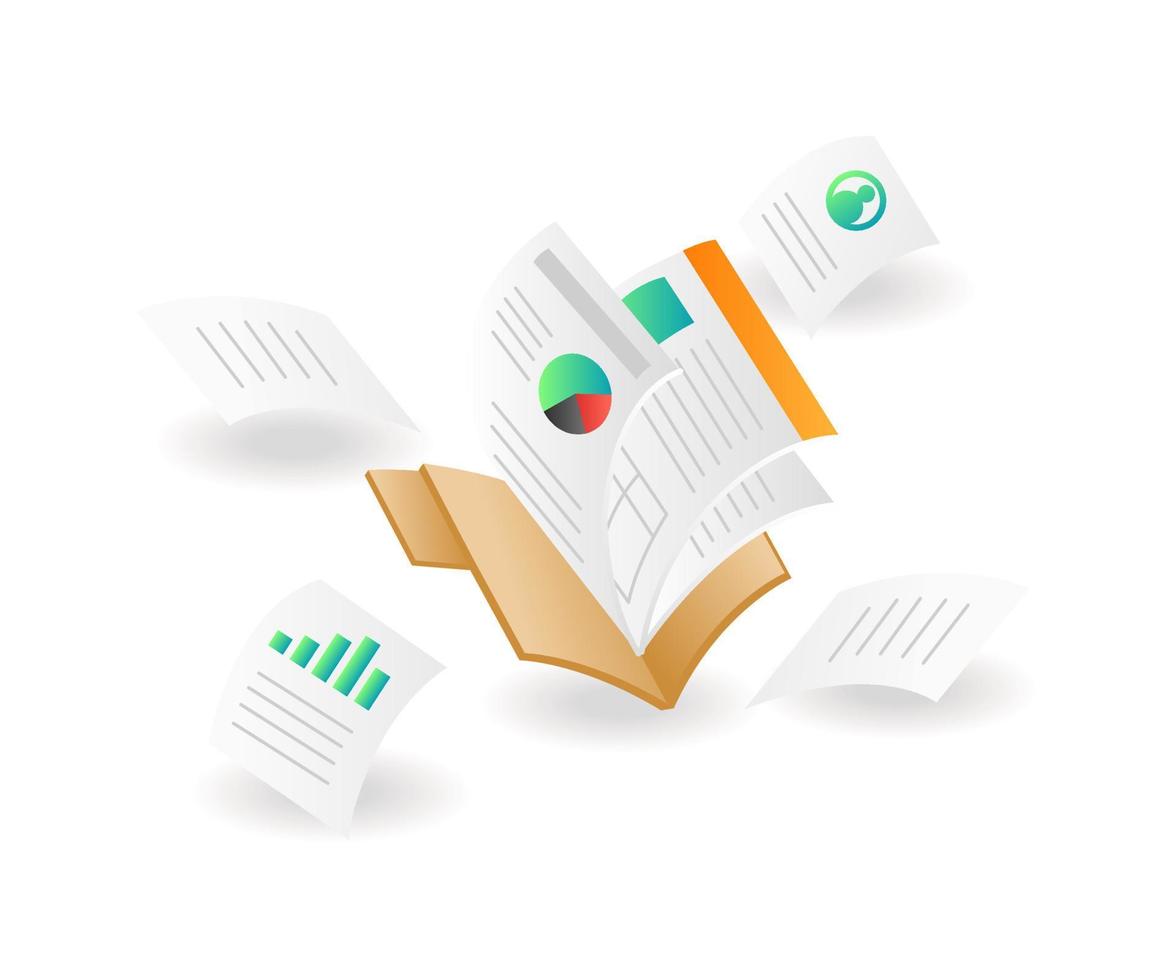 Isometric illustration concept. Analysis data paper out of folder vector