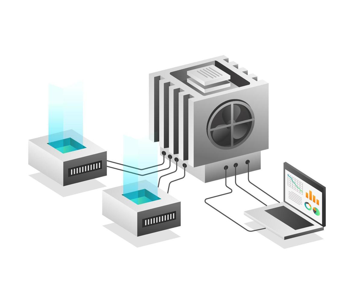 concepto de ilustración isométrica. red de datos del servidor de chips vector