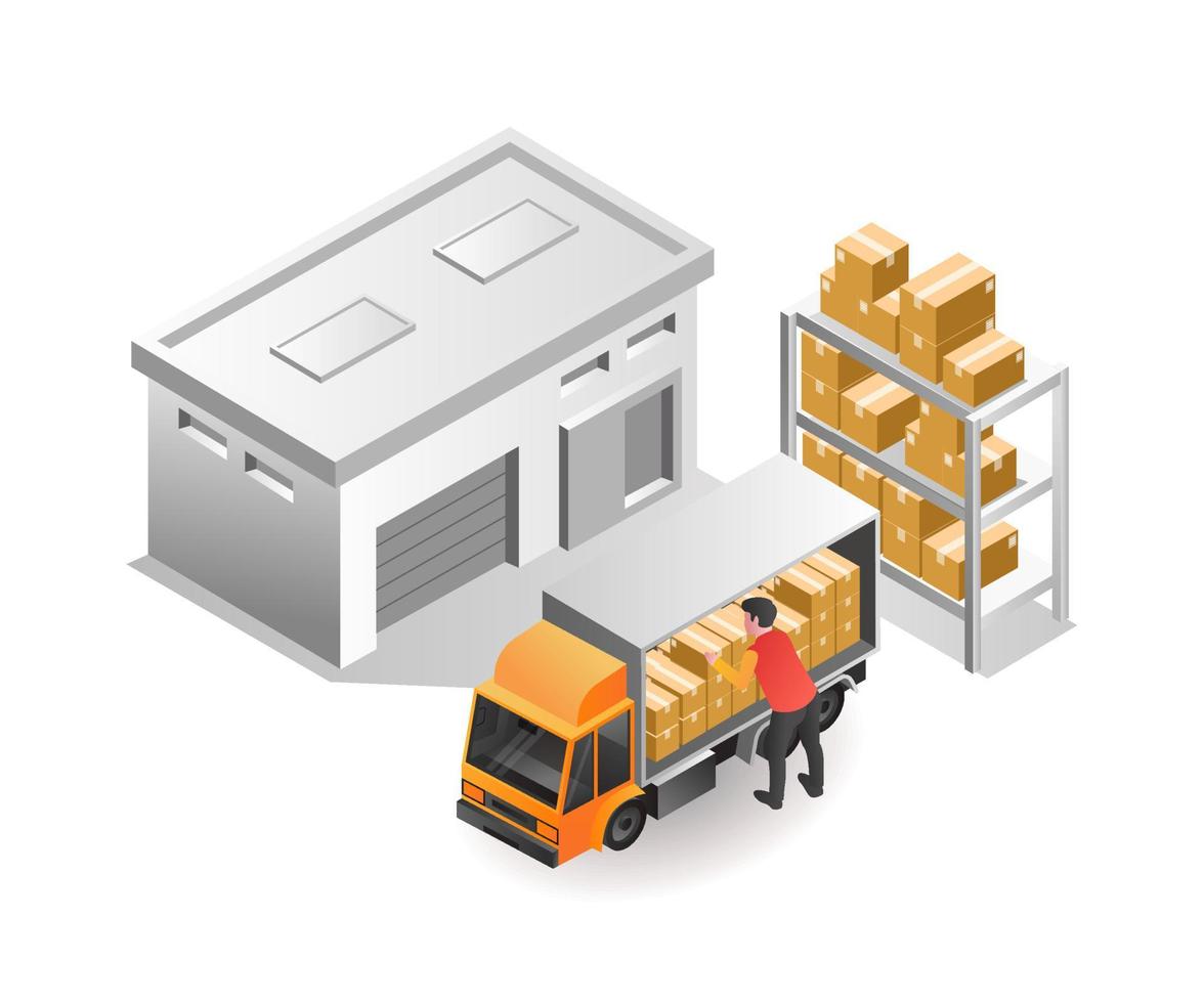 Isometric illustration concept. Pick up goods in warehouse for delivery vector