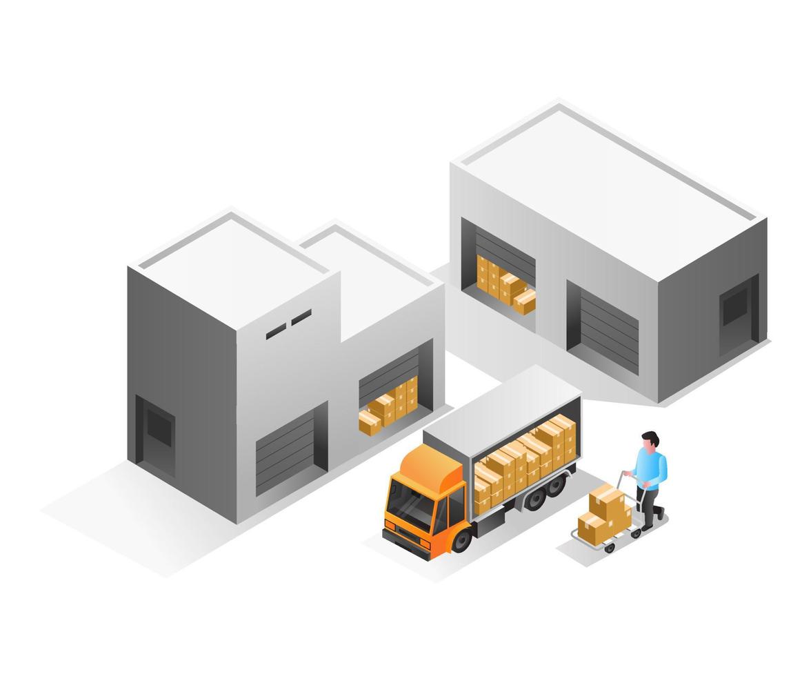 Isometric illustration concept. Warehouse delivers goods to customer vector