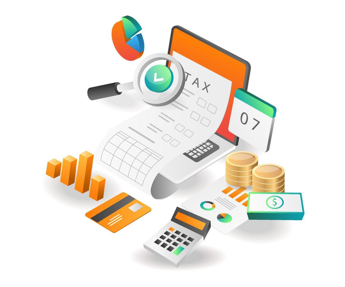 ilustración concepto isométrico. datos de análisis de contabilidad fiscal para empresas de negocios de inversión vector