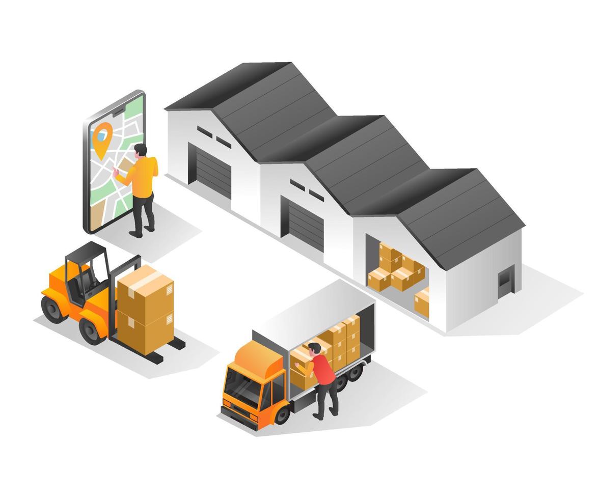 Isometric illustration concept. Goods delivery warehouse application map vector