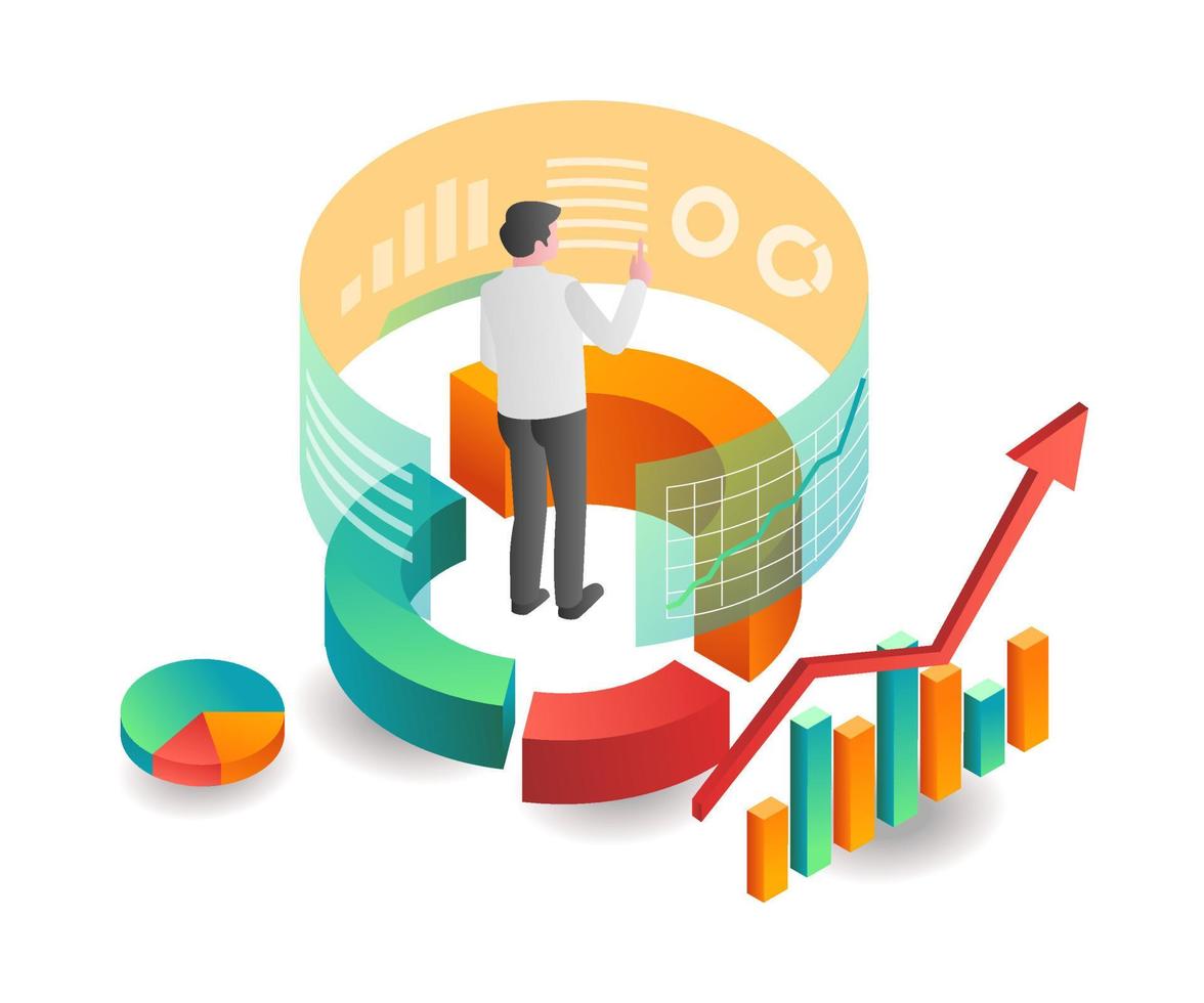 ilustración concepto isométrico. datos de análisis de negocios de inversión vector