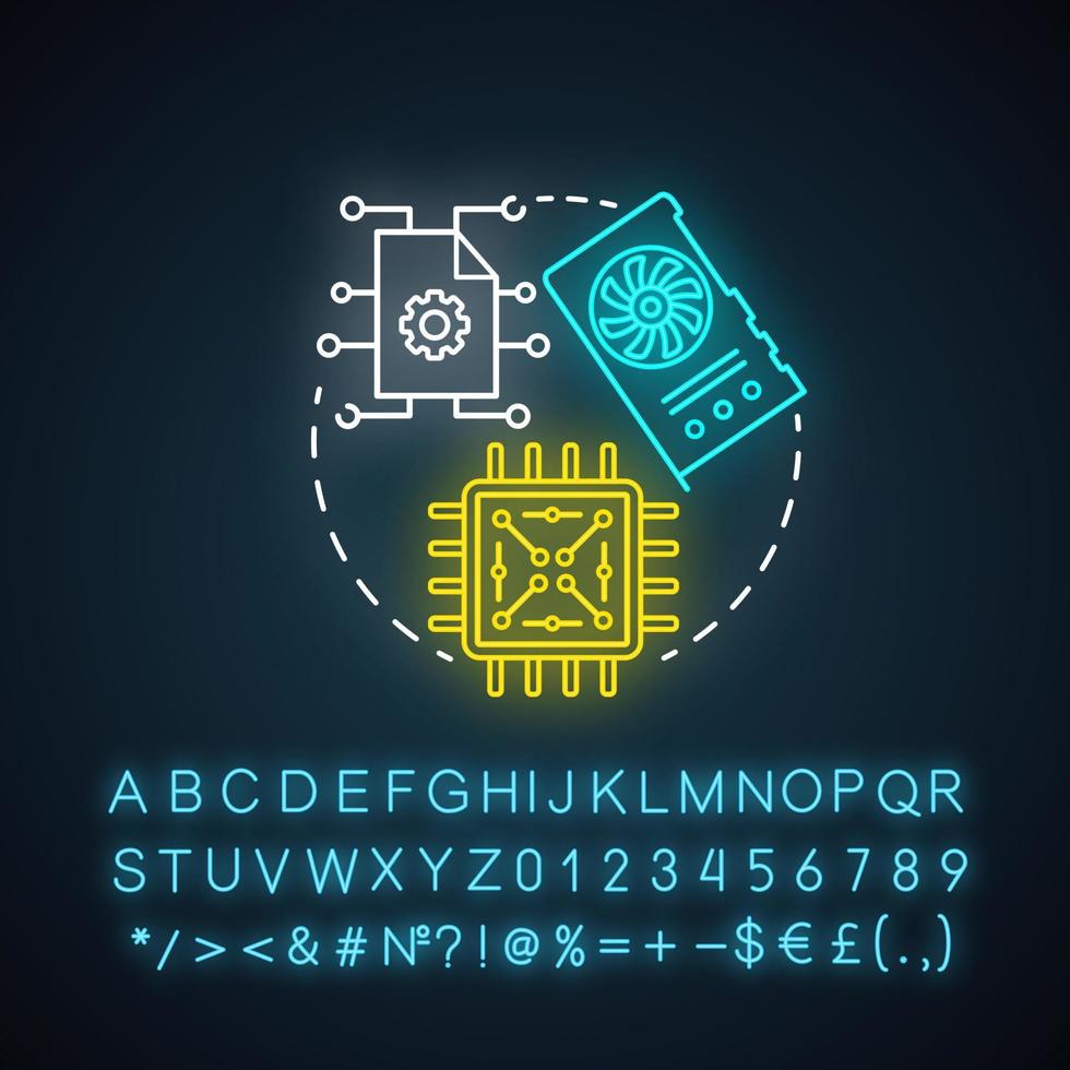 Digital electronics in robotics neon light concept icon. Computer chip and microscheme idea. Processor, hardware element. Glowing sign with alphabet, numbers and symbols. Vector isolated illustration