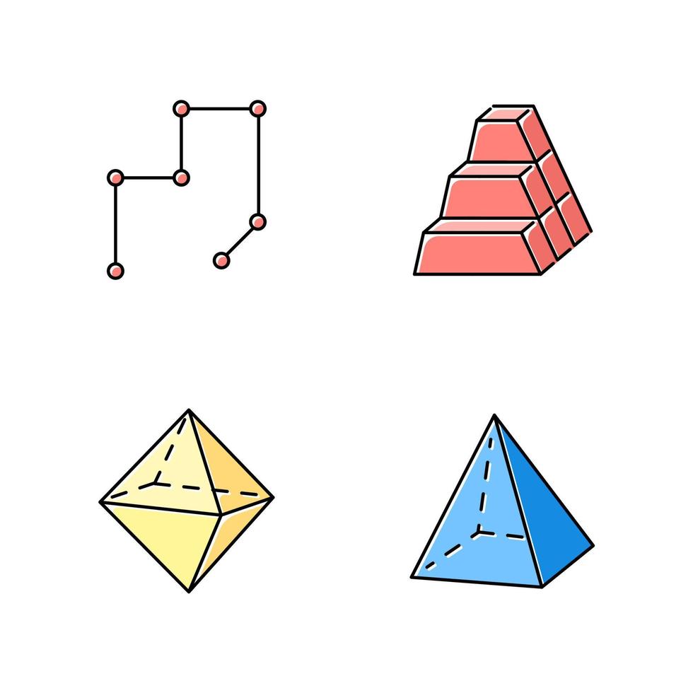 Geometric figures color icons set. Connected lines with points. Stock of dimensional blocks. Pile of bricks. Double pyramid. Abstract shapes. Isometric forms. Isolated vector illustrations