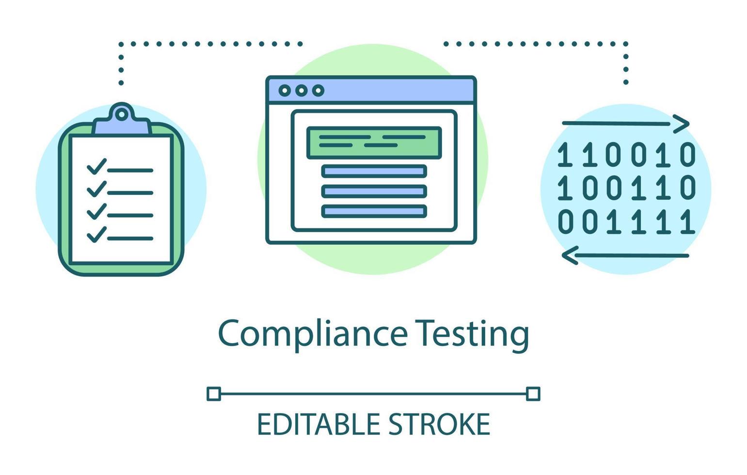 Compliance testing concept icon. Computer program standarts idea thin line illustration. Software testing process. Indicating issues and problems. Vector isolated outline drawing. Editable stroke