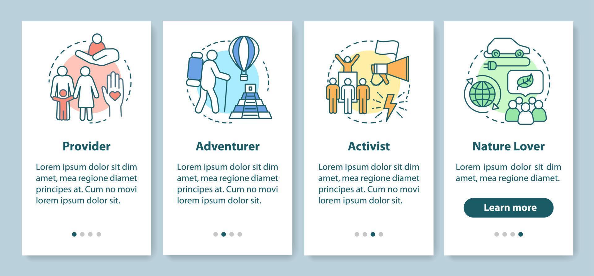 Lifestyle types onboarding mobile app page screen with linear concepts. Provider, adventurer, activist, nature lover walkthrough steps graphic instructions. UX, UI, GUI vector template with icons