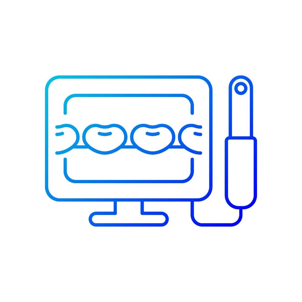Intraoral camera gradient linear vector icon. Oral health condition diagnosis. Capturing teeth video image. Thin line color symbol. Modern style pictogram. Vector isolated outline drawing