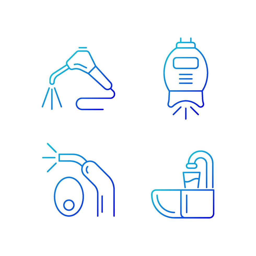 Going to dentist gradient linear vector icons set. Moistening patient mouth. Teeth whitening machine. LED curing light. Thin line contour symbols bundle. Isolated outline illustrations collection