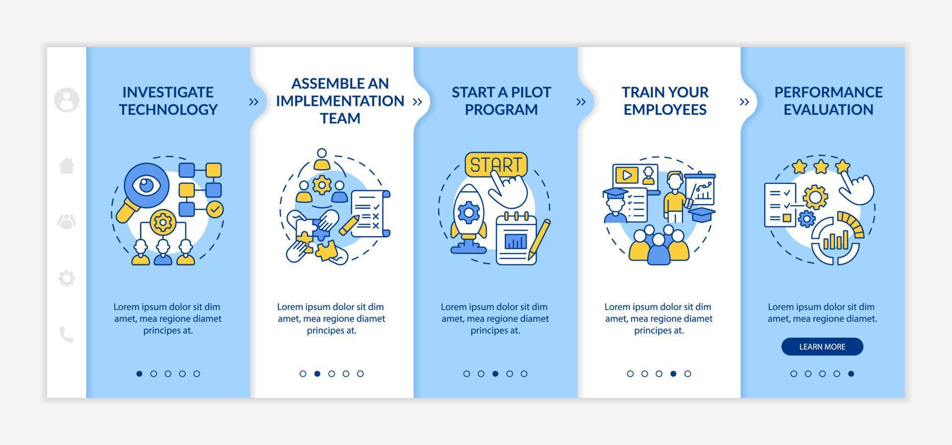 Technology implementation onboarding vector template. Responsive mobile website with icons. Web page walkthrough 5 step screens. Integrate innovation color concept with linear illustrations