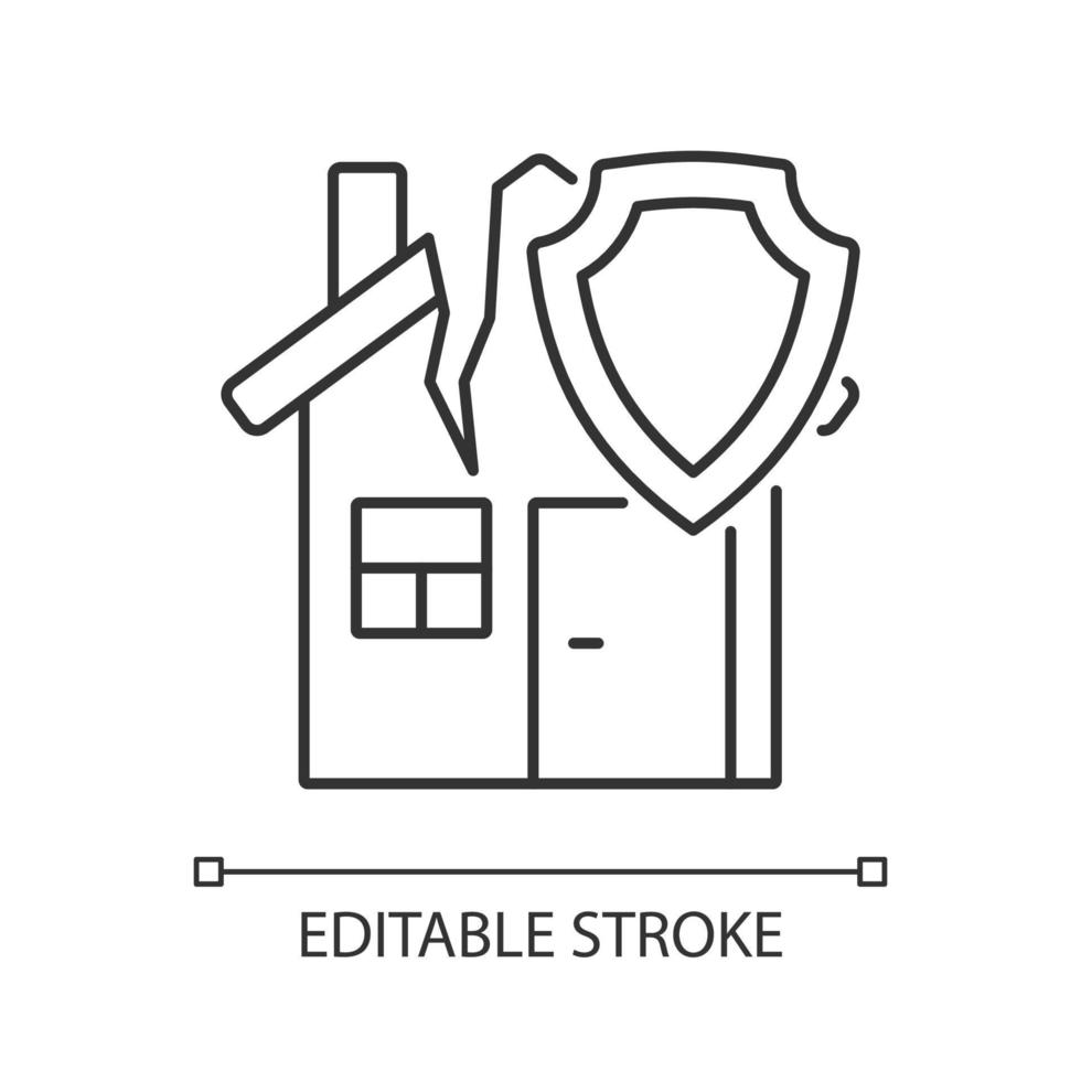 Earthquake home insurance linear icon. Protection from disaster. Thin line customizable illustration. Contour symbol. Vector isolated outline drawing. Editable stroke. Arial font used