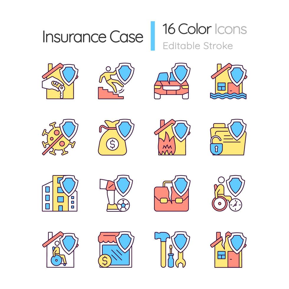 Insurance cases RGB color icons set. Financial protection guaranty of accidents. Isolated vector illustrations. Simple filled line drawings collection. Editable stroke. Quicksand-Light font used