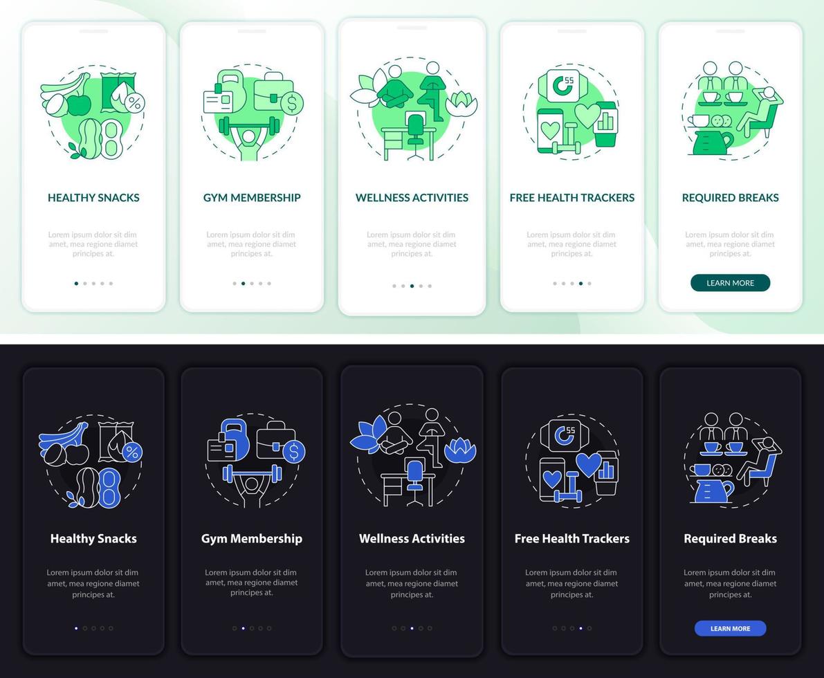 Staff wellbeing perks onboarding mobile app page screen. Walkthrough 5 steps graphic instructions with linear concepts. UI, UX, GUI template. Night and day mode. Myriad Pro-Bold, Regular fonts used vector