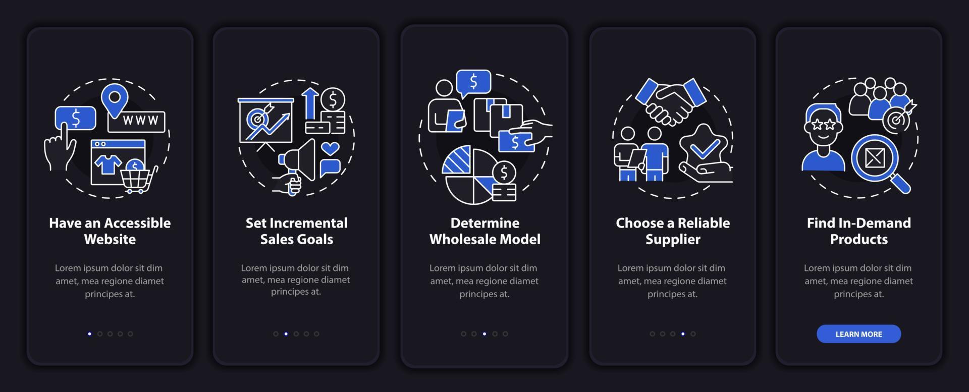 Distribution startup tips onboarding mobile app page screen. Wholesale trade walkthrough 5 steps graphic instructions with concepts. UI, UX, GUI vector template with linear night mode illustrations